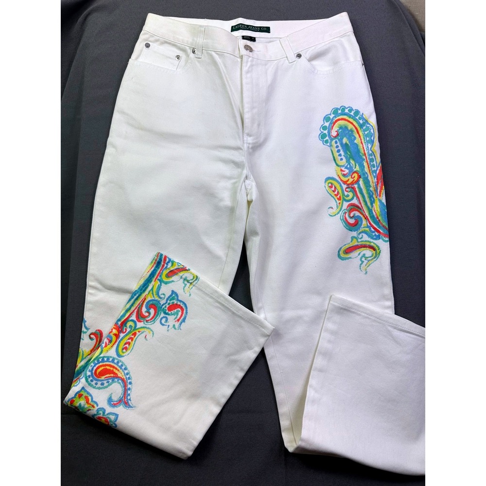 Vintage Lauren Jeans Co Ralph Lauren White Paint Paisley Flare Jeans Size 8